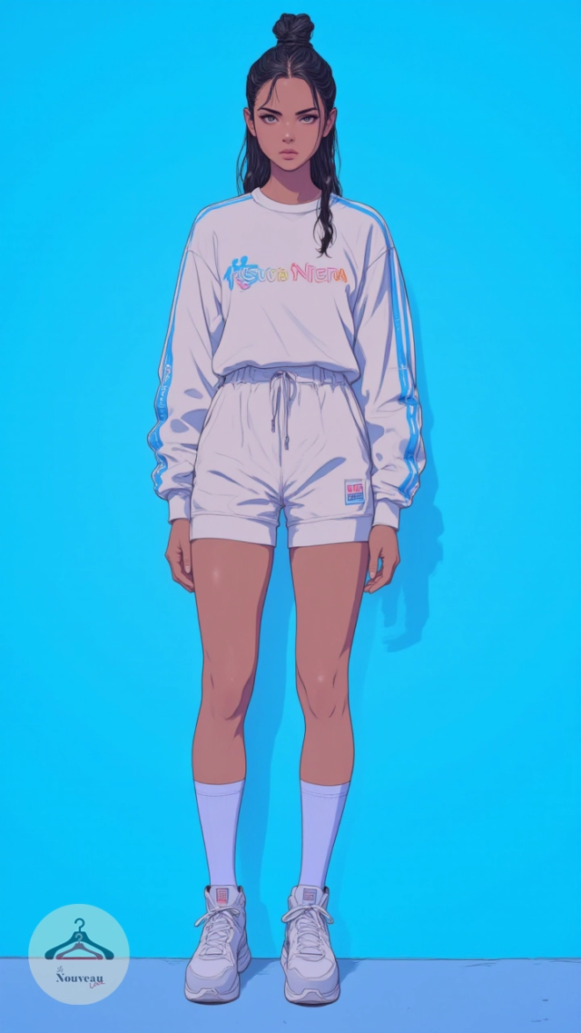 femme portant un sweat-shirt. Elle associe cela à un short de sport et des baskets à plateforme