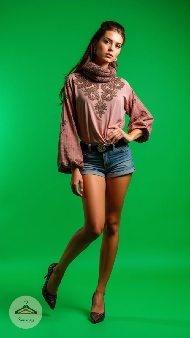 femme portant un haut orné dans un style kameez. Elle l'associe à un short ceinturé, des talons imprimés et un cache-cou