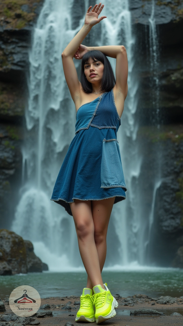 femme portant une robe de patineuse en denim patchwork aux coupes asymétriques, des baskets fluo à semelles exagérées