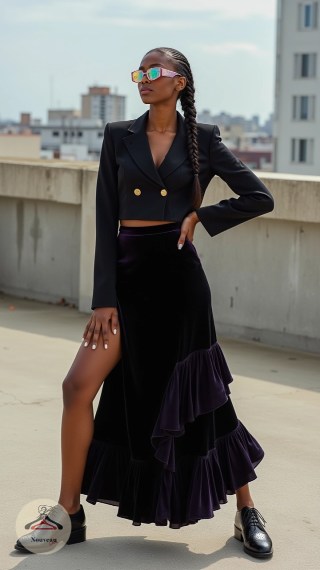femme portant un blazer court , une jupe longue en velours à volants en cascade, des chaussures richelieu, des lunettes de soleil