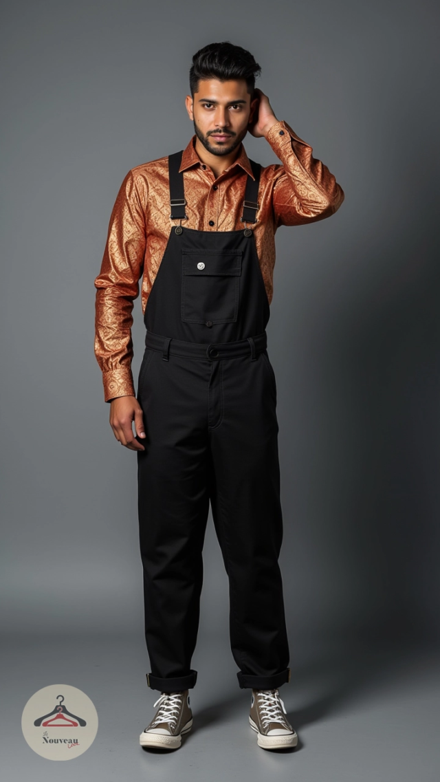homme portant une chemise sari (d'inspiration indienne). Il associe cela à une salopette et des baskets montantes