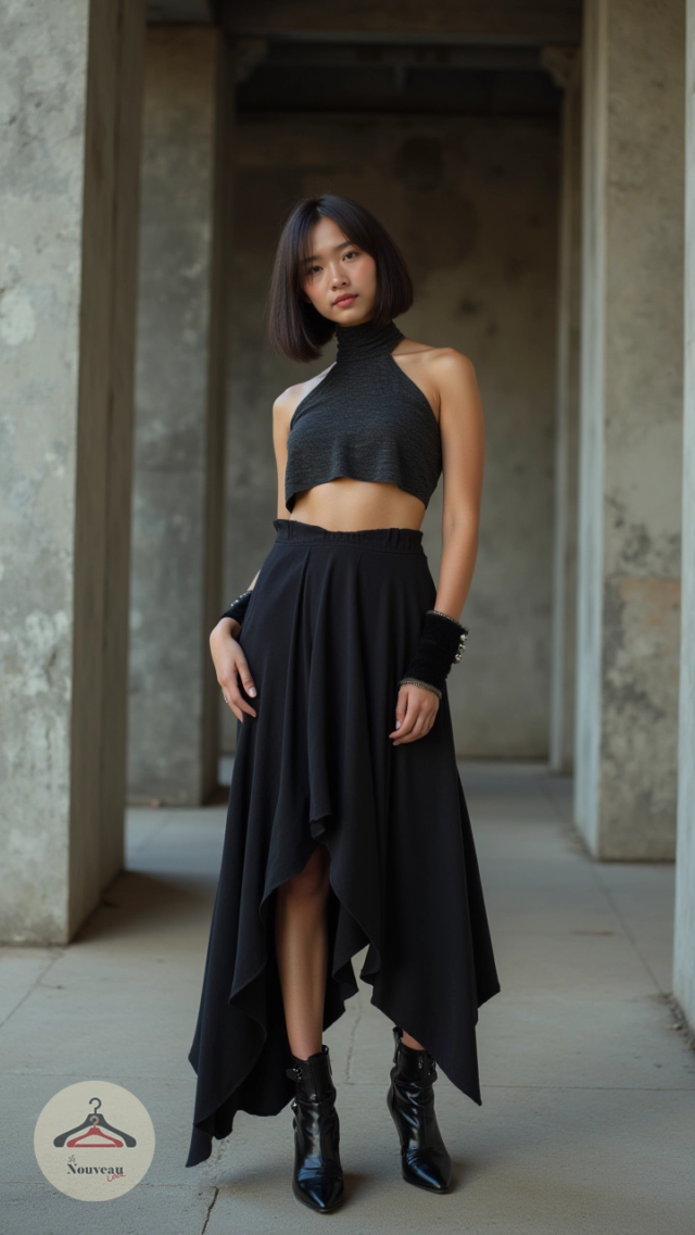 femme portant un haut court en jersey avec des poignets à boutons en velours, une jupe haute-basse, des bottines à talons hauts