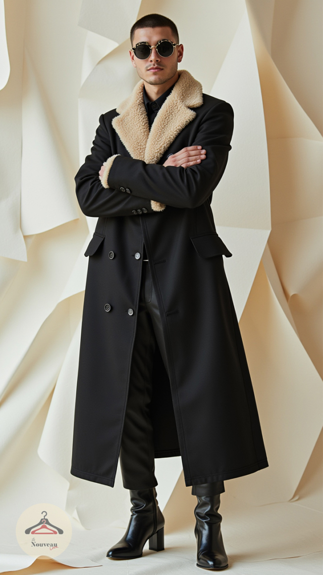 homme portant un trench, un pantalon court, des bottes à talons, des lunettes de soleil rondes.