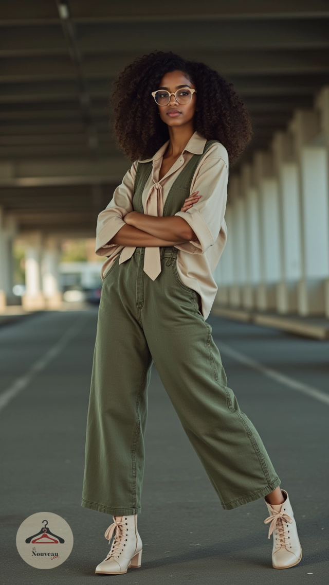 femme portant un chemisier oversize avec un noeud sur le col. Elle l'associe à une salopette, des bottines à lacets