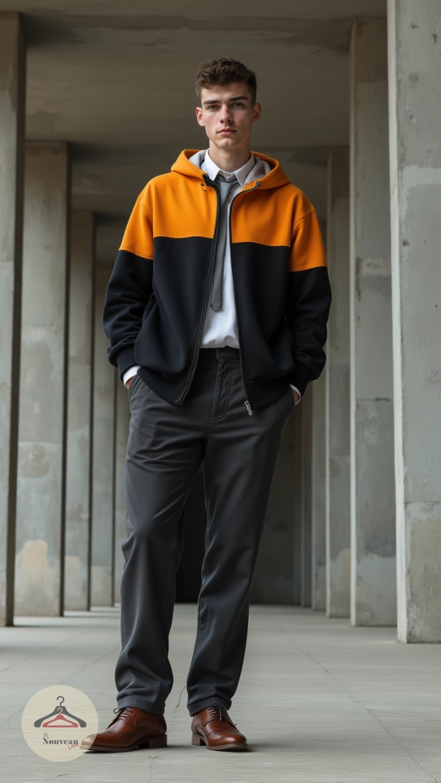 homme portant une chemise classique et un sweat à capuche à blocs de couleurs, un pantalon chino, des chaussures Oxford et une cravate