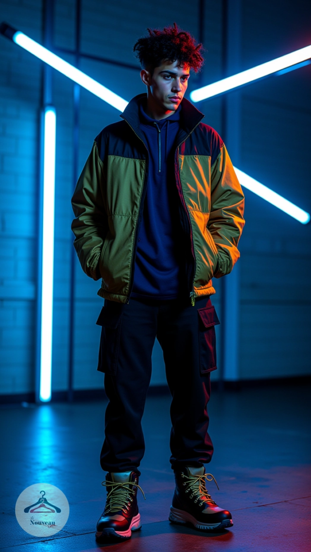 homme portant une veste bomber bicolore avec un sweat. Il associe cela à un pantalon cargo, des bottes de randonnée