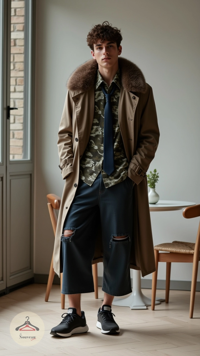 homme portant un trench-coat avec un col en fourrure ainsi qu'une chemise à imprimé camouflage, un pantalon large, des baskets de course et une cravate en jean