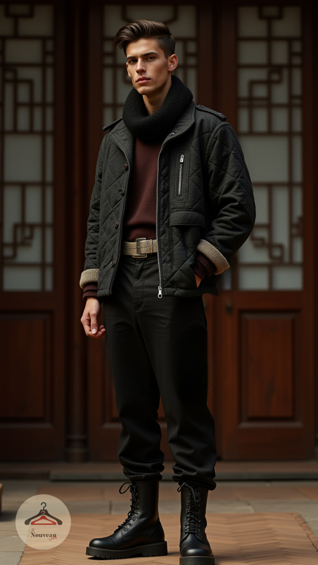 homme portant un blouson matelassée en flanelle, un pantalon chino, des bottes en cuir et un tour de cou épais.