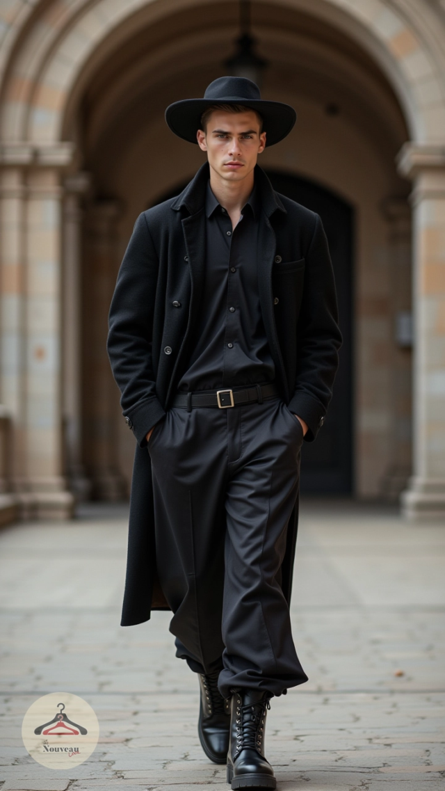 homme portant une chemise boutonnée Oxford et un manteau, un pantalon large, des bottes en cuir et un chapeau fedora