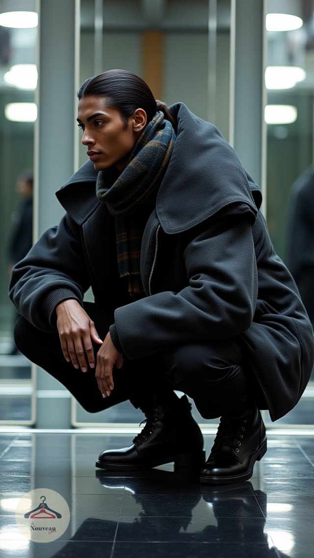 homme portant un manteau aux formes riding coat, un pantalon ample, à des bottes balmoral et à une écharpe à carreaux