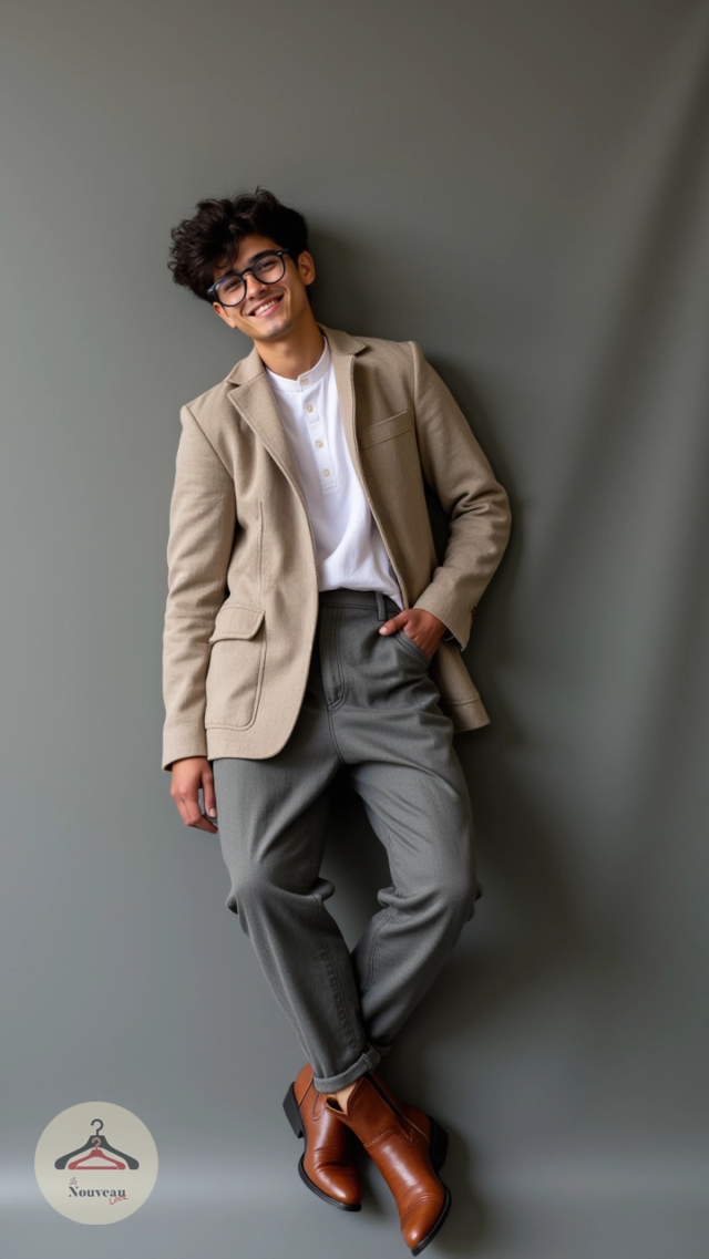 homme portant un blazer d'été en lin avec des poches plaquées et un polo à col rond. Il l'associe à un pantalon chino, des bottes en cuir style cow-boy