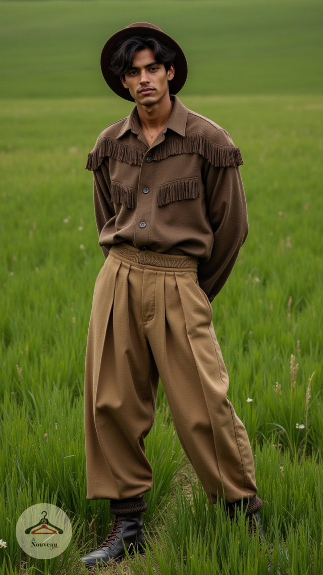 homme portant une chemise en laine, un pantalon large, des bottes en cuir vintage et un chapeau melon