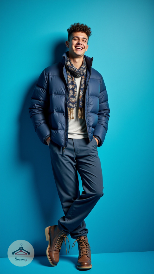 homme portant une doudoune, un pantalon chino, des bottes en cuir et à une écharpe