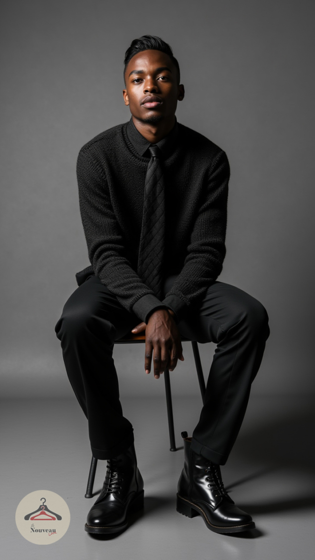 homme portant un haut en maille, un pantalon stretch, des bottes hautes en cuir et une cravate matelassée