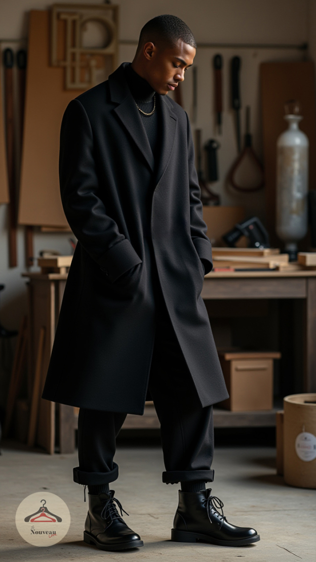 homme portant un caban en laine avec un col roulé, un pantalon chino court et des bottes courtes