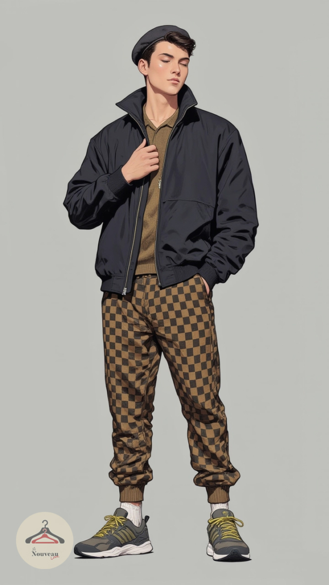 homme portant un polo en tricot et un blouson, un pantalon à imprimé damier, des baskets et un béret en laine