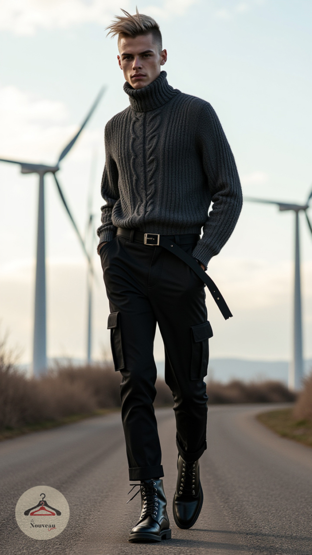 homme portant un pull à col roulé en maille torsadée, un pantalon cargo avec ceinture et des bottes balmoral