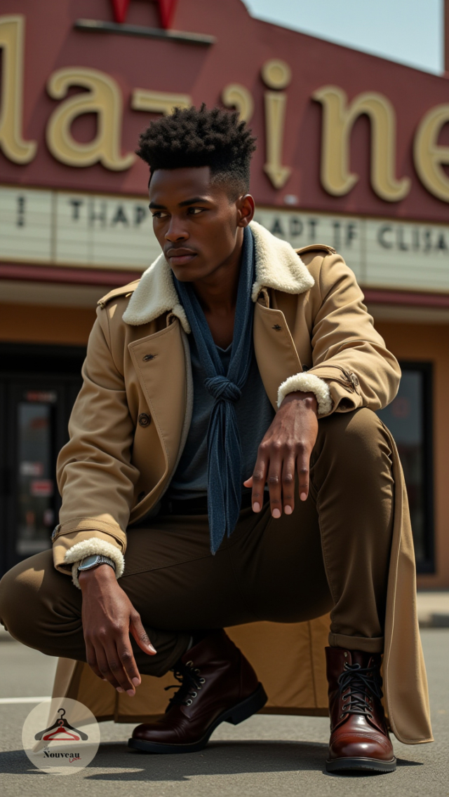 homme portant un trench, un pantalon chino, des bottes hautes en cuir et une écharpe légère.