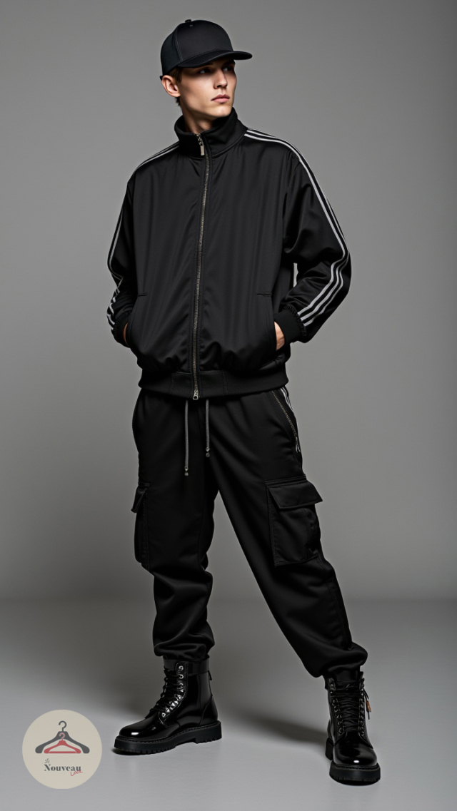 homme portant une veste de survêtement de style années 80, un pantalon de jogging cargo, des bottes en cuir et une casquette