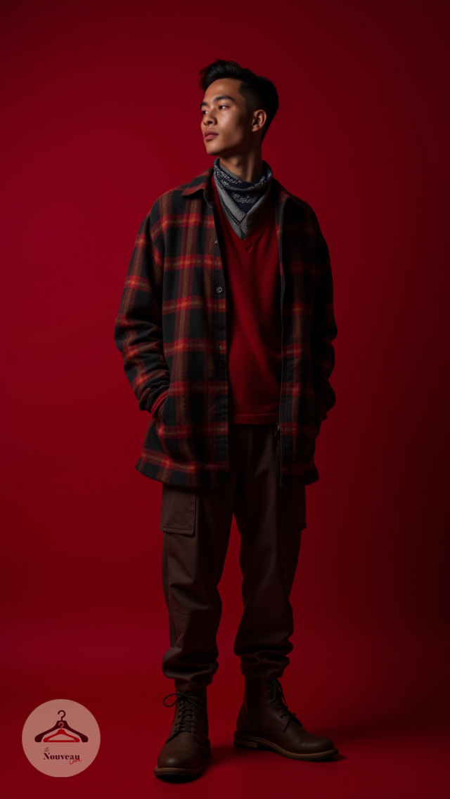 homme portant une chemise oversize en flanelle, un pantalon cargo, des bottes en nubuck et un bandana à motifs.