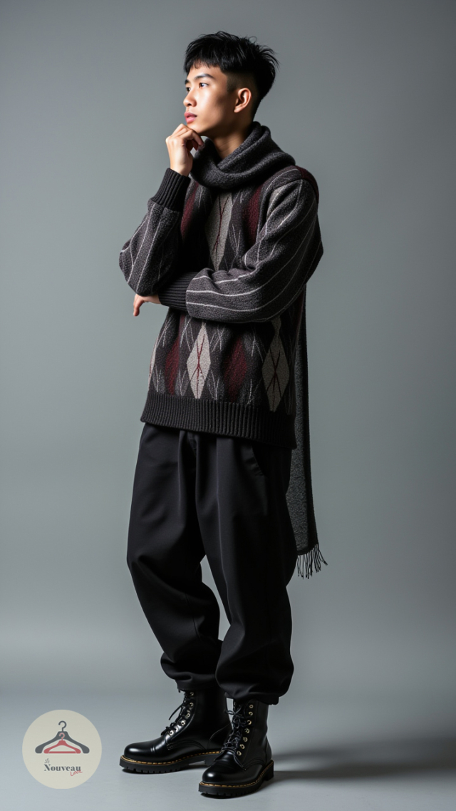 homme portant un haut en tricot, un pantalon d'hiver de style hakama japonais, à des bottes utilitaires et à un foulard.