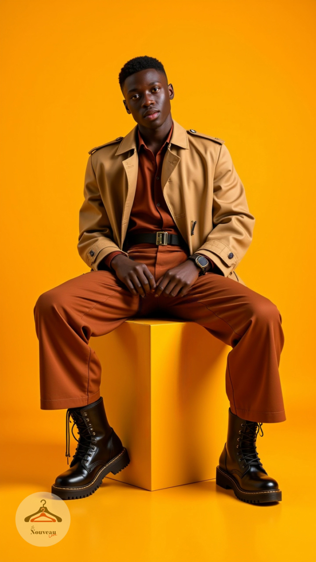 homme portant un trench-coat avec une chemise. Il l'associe à un pantalon chino, des bottes en cuir