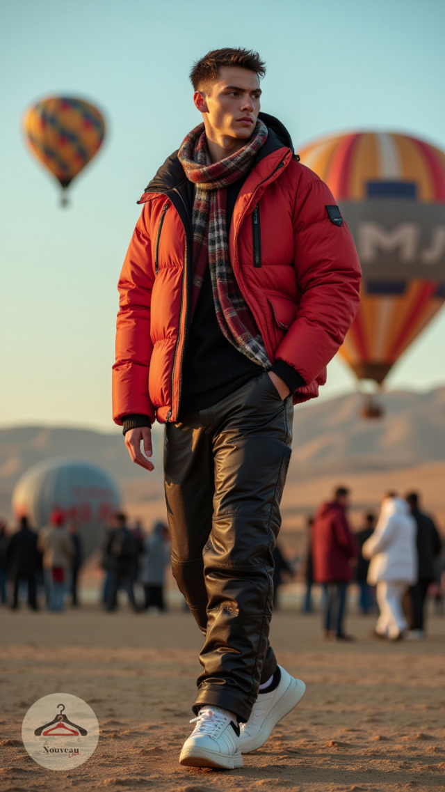 homme portant une doudoune, un pantalon de travail matelassé, des baskets basses et une écharpe en flanelle.