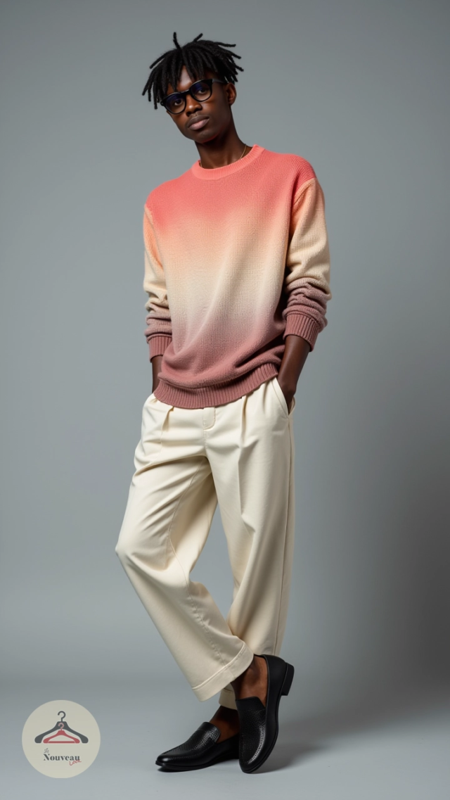 homme portant un pull en maille, un pantalon large à plis, des mocassins en cuir perforé à enfiler