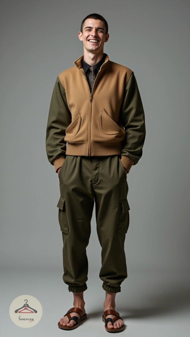 homme portant une veste Harrington courte bicolore en micropolaire (partie corps), un pantalon cargo fuselé vert olive, des sandales avec des empiècements en cuir et en daim et une cravate brodée