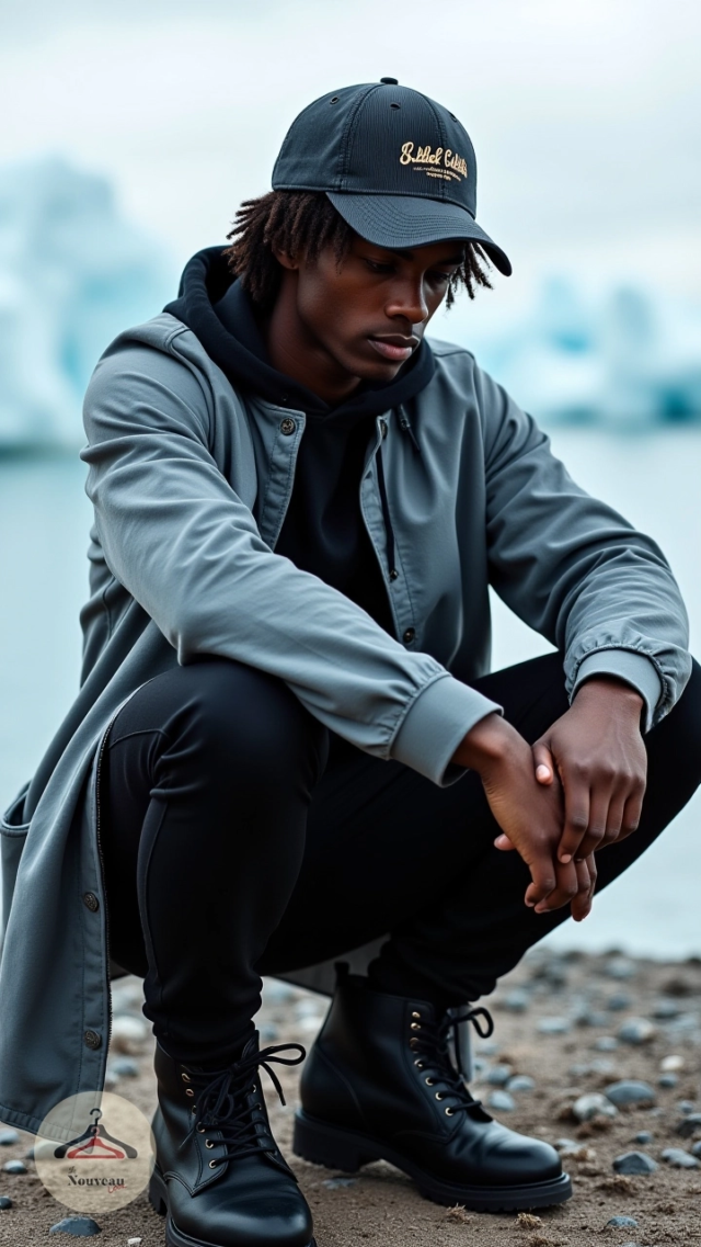 homme portant un manteau léger et un sweat à capuche long, des leggings, des bottes de combat en cuir et une casquette de baseball